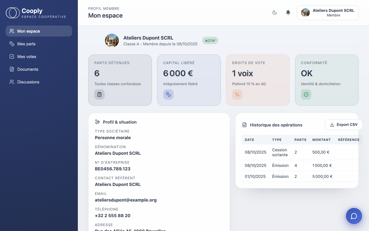 Tableau de bord Cooply — espace membre avec parts, capital et conformité