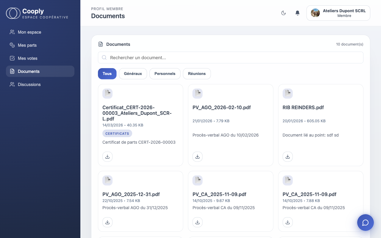 Gestion documentaire Cooply — certificats, PV et documents partagés